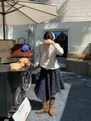 Asymmetric Plaid Midi Skirt