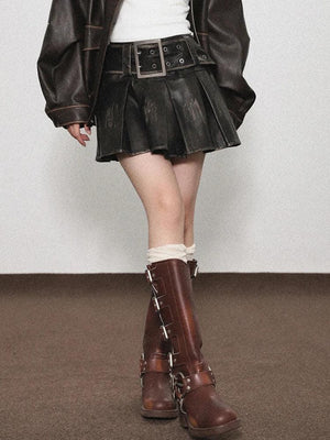 Grunge Faux Leather Pleated Mini Skirt