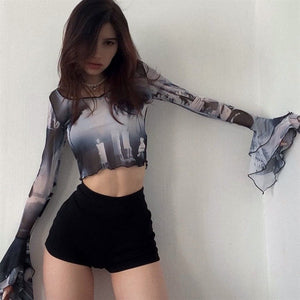 Futuristic Flare Sleeves Mesh Top