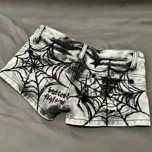 Grunge Spider Web Print Denim Shorts