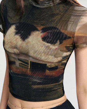Playful Kitten Print Y2K Top