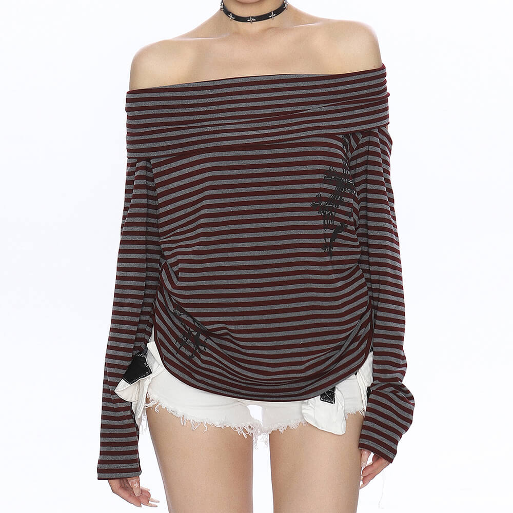 2000s Cold Shoulder Drama Striped Top