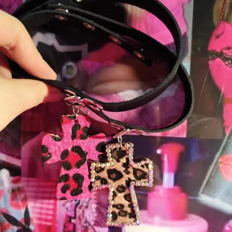 Bimbocore Leopard Cross Choker Necklace