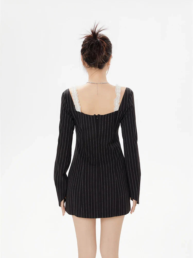 Striped Lace Strap Bow Mini Dress