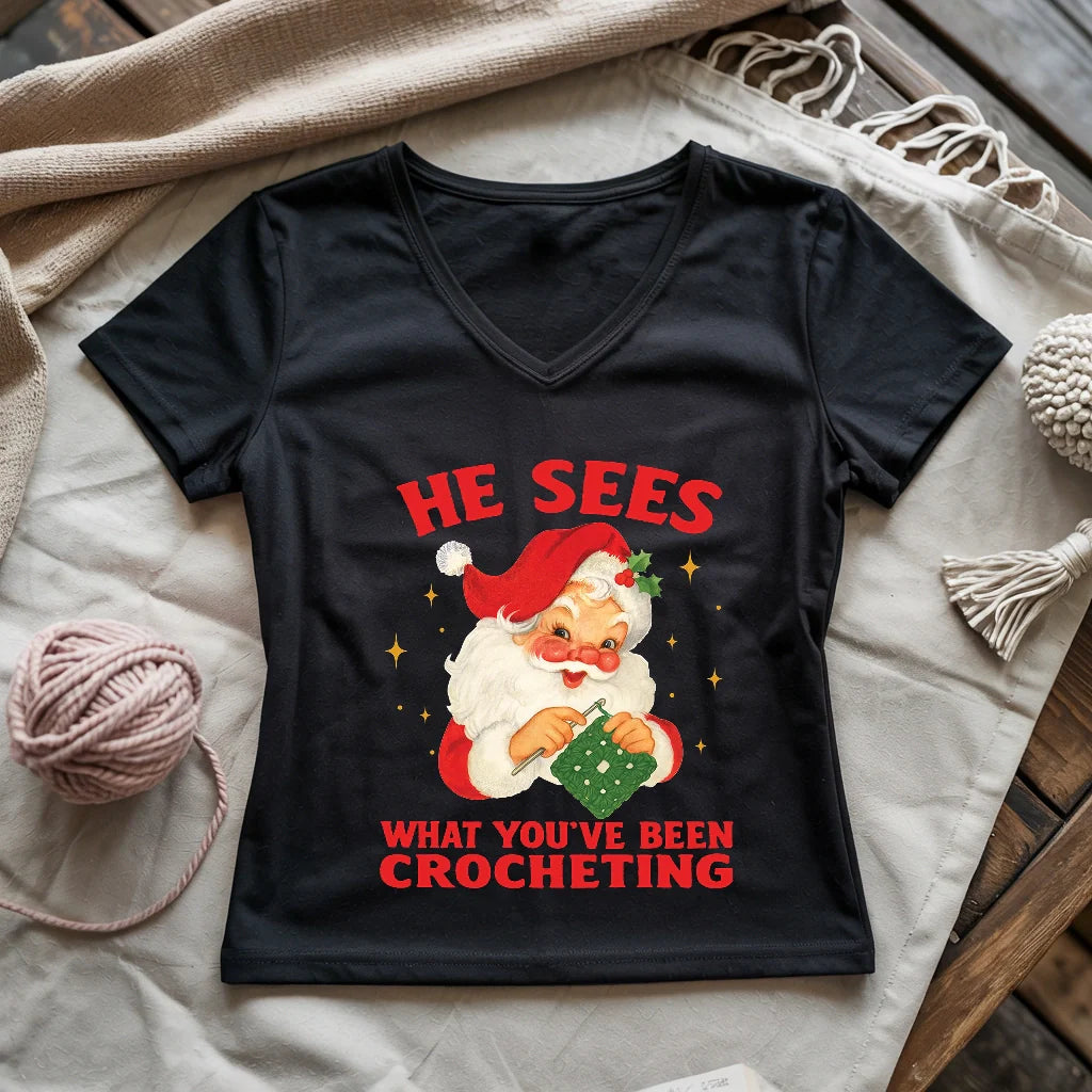 He Sees You Crocheting Lady V-neck