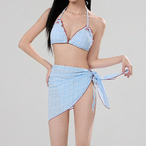 Bow Embroidery Gingham Bikini Set & Beach Skirt