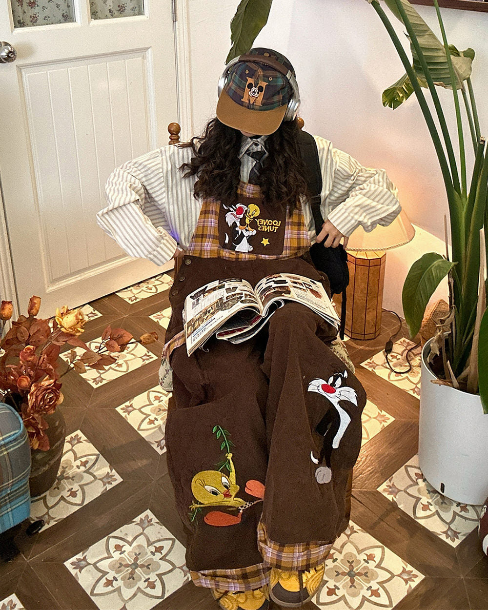 Brown Corduroy 90s Cartoon Dungarees