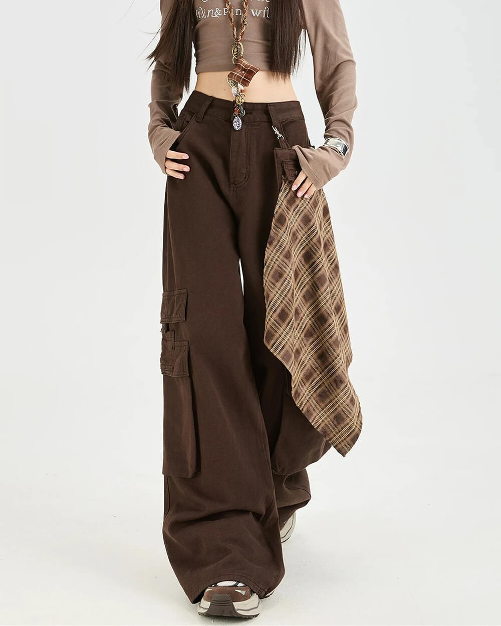 Brown Plaid Shirt-Tied Jeans