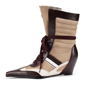Coffee & Cream Pointed Toe Wedge Boots