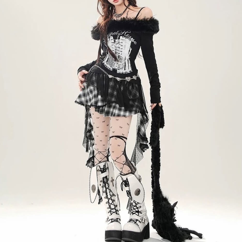 Corset Print Fur Off-Shoulder Top