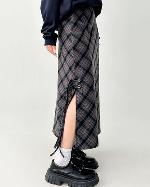 Dark Academia Plaid Side-Slit Skirt