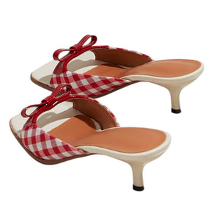 Gingham Picnic Bow Heeled Mules