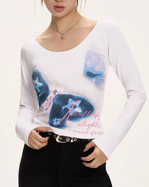 Indie Butterfly Print Long Sleeve Top