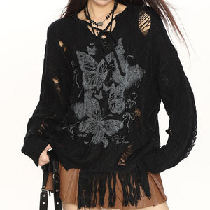 Oversized Ripped Sweater with Butterfly Print