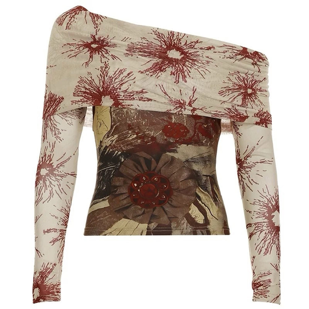 Sun Print Mesh Off-Shoulder Top