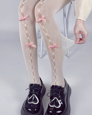 White & Pink Bow Tights