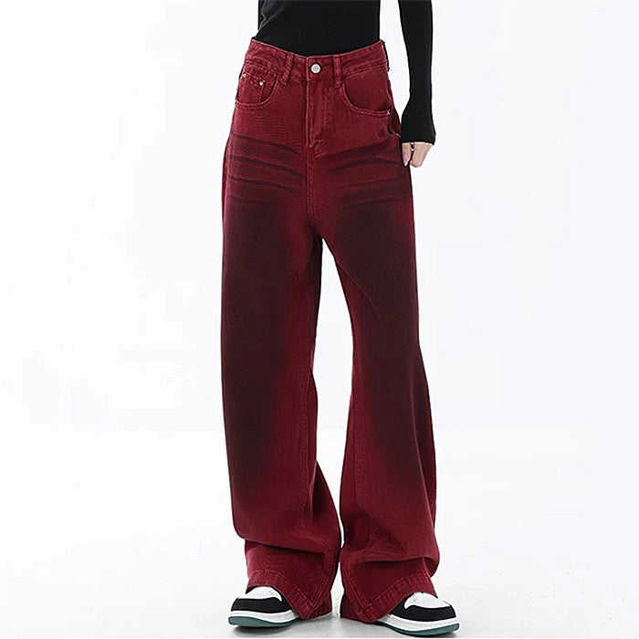 Wine Red Faded Wide Leg Jeans